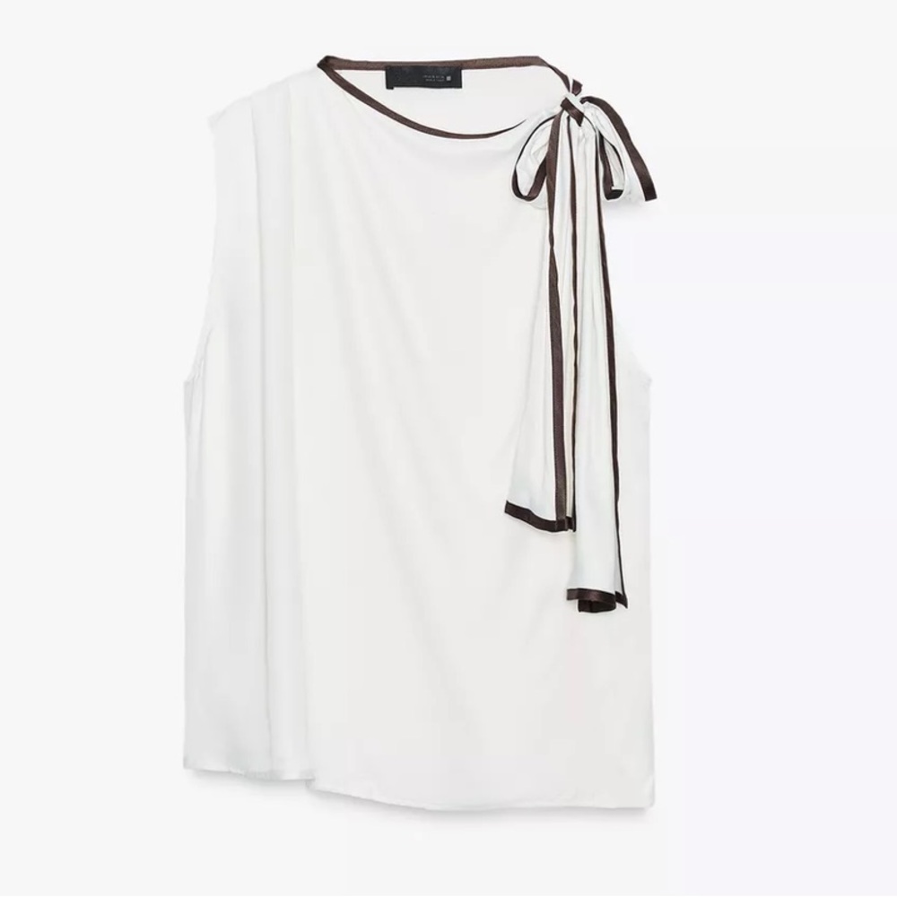 Zara NWT white & brown asymmetrical bow tie knot ribbon shoulder detail